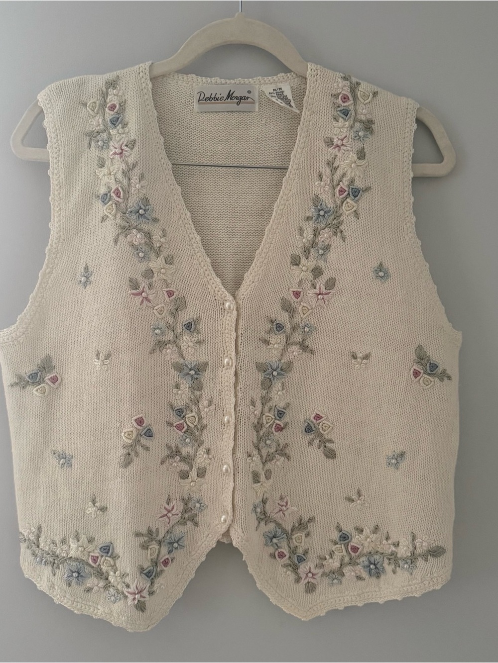 Vintage Debbie Morgan Cream Embroidered Knit Vest w Floral and Pearl Embroidery